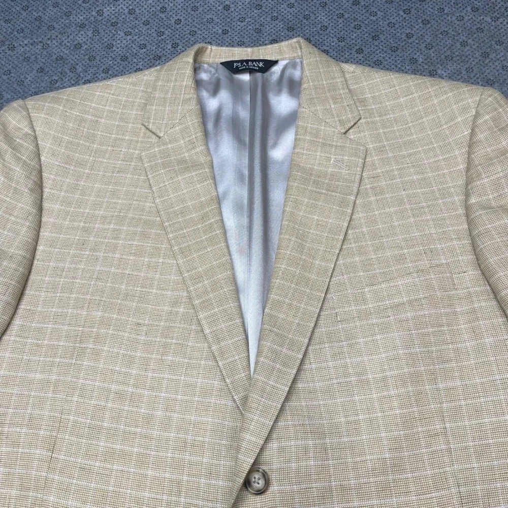 Jos A Bank Tan Windowpane Linen Cotton Blazer Sport Coat Mens 48R 2 Button Tan
